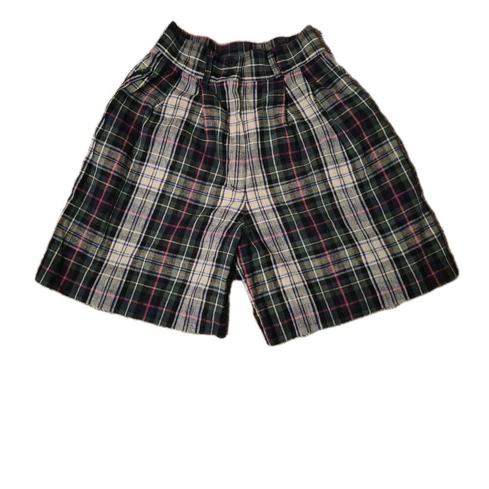 VTG Smart Pants Girls Size 7 Pleated Plaid Long Shorts Pockets 80's Preppy
